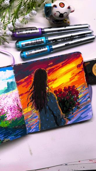 画一幅女神节的玫瑰 #祝她铮铮祝她昂扬 #马克笔绘画 #绘画过程 #治愈系#三八女神节 这是一幅送给所有女性的礼物,画了一个在海边的姑娘拿着一束玫瑰花,在海边面对绚丽的晚霞,看向远方,仿佛是一场美丽的约会,画面也很温暖浪漫,面朝大海,春暖花开的意境很治愈心灵,喜欢画画的朋友拿起画笔一起画起来吧!祝福所有女性节日快乐,幸福美满!