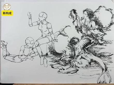岸边美人鱼的秘密,速写人物造型与线条技巧解析 🐑老师带着他的美人鱼来啦!通过美人鱼,一起来探索如何打造优美人物造型与流畅线条#速写 #美术生 #画画 #绘画 #美术生日常