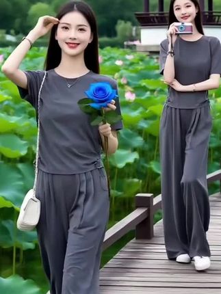 休闲时尚运动套装女2025年夏季新款爆款气质洋气减龄阔腿裤两件套#气质女神穿搭 #优雅气质 #完美搭配 #引领时尚潮流