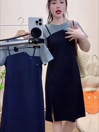 2025夏季新款超显瘦假两件连衣裙女圆领开叉连衣裙(清货价)#假两件连衣裙 #开叉连衣裙 #连衣裙 #显瘦连衣裙 #夏季新款连衣裙