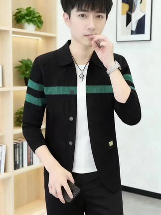 高档翻领拼色长袖开衫外套男士秋季潮流针织衫毛衣轻奢男装25807#品质男装 #外套穿搭 #强烈推荐 #春秋新款 #针织开衫