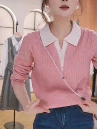【80-180斤】新款假两件套头针织衫翻领长袖宽松洋气显瘦百搭上衣女