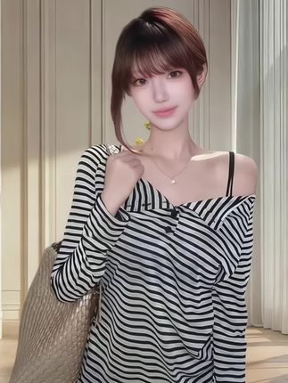 慵懒风长袖t恤女夏季宽松显瘦设计感薄款条纹甜美#百搭上衣 #高级穿搭 #上衣穿搭 #夏季穿搭 #潮流穿搭