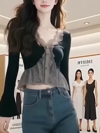 纯欲风春秋女款针织开衫,撞色蕾丝拼接V领,洋气修身又百搭! #纯欲风开衫 #撞色蕾丝拼接 #V领针织开衫 #春秋时尚上衣 #好物推荐