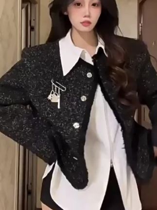 小香风满天星短款无领外套男秋冬美式潮牌高级感痞帅轻奢休闲夹克#百搭外套