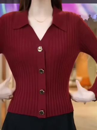 POLO领精致扣纯色长袖针织衫上衣女春秋新款百搭减龄修身显瘦开衫