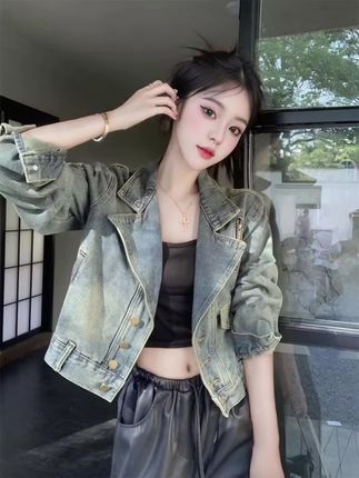 港风复古牛仔短外套女春秋新款潮流长袖上衣时尚休闲百搭机车夹克