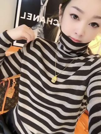 欧洲站纯色堆堆领春夏百搭经典条纹软糯亲肤高领显瘦减龄短袖上衣