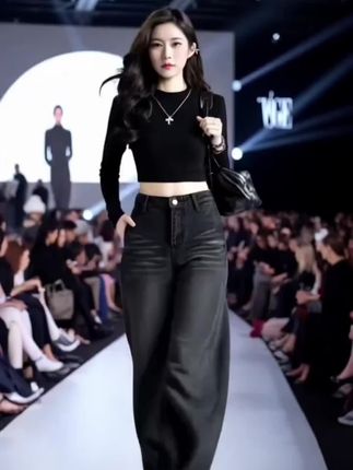黑色牛仔裤女2025新款秋季版型好看百搭裤子高腰直筒裤美式阔腿裤#女装穿搭 #穿搭分享 #优雅气质 #时装搭配 #个性穿搭