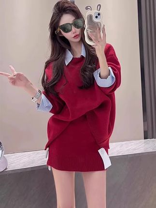 韩系可拆衬衫领针织两件套时尚高级显瘦假两件毛衣女高腰短裙套装#分享穿搭@巨量千川 @抖加🔥上热门🔥dou+🔥热点宝 @DOU+好生意