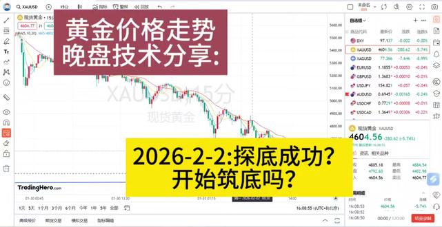 2026-2-2黄金价格走势晚盘技术分享:探底成功了吗?? 下方4400-4360区间的反弹通道底部,这里不快速破位就会在这里去筑底,底部上移时候就会反弹更快。上方以4900附近和5000附近为短期高位为主。肯定还是宽幅震荡筑底为主的走势。#黄金 #今日金价 #国际金价 #上热门 #黄金暴跌