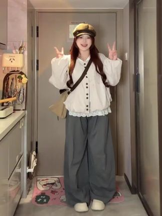 韩系外套蕾丝花边打底衫阔腿裤胖mm2025秋季款显瘦宽松套装#阔腿裤 #热裤 #蕾丝裤子 #显瘦裤子 #百搭裤子