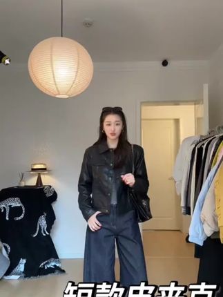 番茄妹妹【品质版】超帅黑色皮衣中短款翻领外套高级感铆钉上衣女#上衣穿搭 #外套穿搭 #女生必备 #黑色皮衣 #女神必备