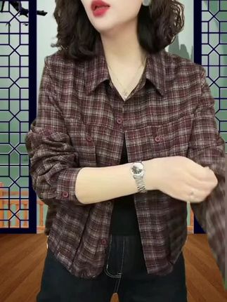2025秋季新款气质时尚格子翻领长袖洋气显瘦百搭女士衬衫#415