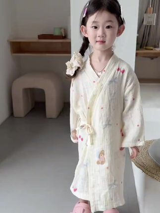 儿童浴巾春夏全棉可穿式宝宝浴袍长袖纱布空调睡衣夏季家居服睡袍