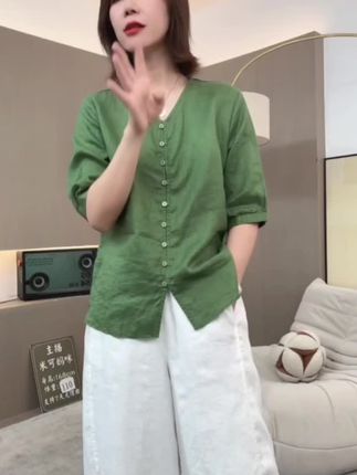 #好物推荐🔥 #爆款热卖中  【米可家】100亚麻小纽扣V领上衣66108