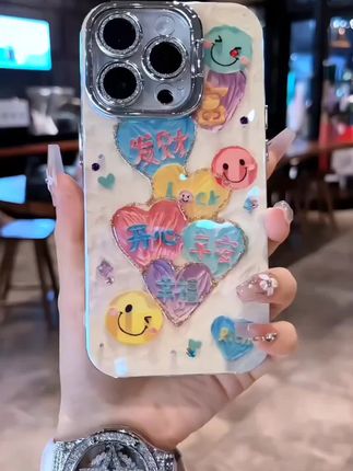 适用苹果系列iPhone16新款手机壳时尚笑脸文字银灰色闪粉镜头支架#新款手机壳时尚笑脸