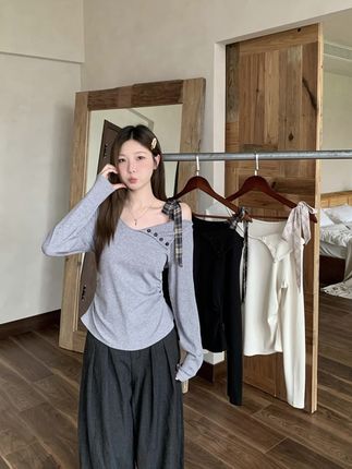 2025秋装新款胖mm大码女韩系温柔风撞色绑带露肩长袖T恤 A2108#露肩长袖 #长袖衬衫 #长袖t恤 #露肩上衣推荐 #女士上衣