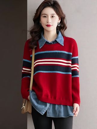 春新款牛仔假两件针织衫女春秋外穿减龄拼接毛衣 今年流行上衣#时尚穿搭时尚穿搭时尚 #街拍小姐姐穿搭秀 #晚宴礼服穿搭 #女性气质穿搭 #高档女装连衣裙晚礼服