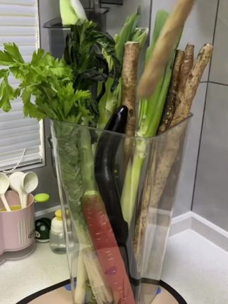 终于给我的长条蔬菜们找到了一个“家”! 不管是淮山、莴笋还是大葱芹菜,统统让它们站直喽! 再也不会东倒西歪占地方,而且泥土也不会掉得到处都是啦~ 这个收纳桶是加厚PET材质,特别敦实,放在台面上稳稳的,绝对不会翻倒。 透明的桶身,里面放着啥一眼就能看到,拿取超方便。脏了用水一冲就干净! 我灵机一动,在入户门口也放了一个,你猜干嘛?用来装雨伞简直完美!