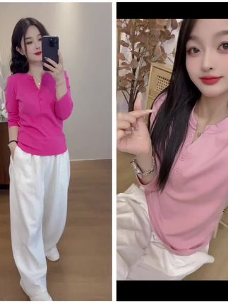 蓝卡缇亨利领简约款秋冬季女纯色长袖松简风纽扣V领休闲T恤