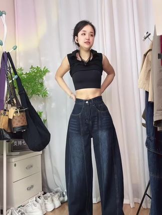 美式复古刺绣弯刀阔腿牛仔裤女新款高腰直筒宽松拖地裤春秋提臀#同款 #与众不同 #完美 #舒服 #万能的抖音