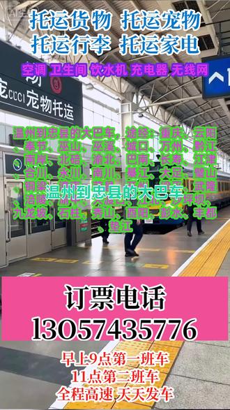 温州到忠县长途客运大巴如何乘坐,途经:重庆、云阳、奉节、巫山、巫溪、城口、万州、黔江、南岸、北碚、渝北、巴南、长寿、江津、合川、永川、南川、綦江、大足、璧山、铜梁、潼南、荣昌、开州、梁平、武隆、涪陵、渝中、大渡口、江北、沙坪坝、九龙坡、石柱、秀山、酉阳、彭水、丰都、垫江欢迎乘坐长途客运大巴车站准点发车,长途汽车客车,全程高速直达,2点-5点不休息,准点准时到家,时间:9:00---11:30(准时发车全程高速)保障您一路到家承接个人乘车工厂包车团体包车宠物托运等业务。高速直达2-5点不休息承接:货运宠物托运个人乘车旅游包车车辆配备:空调厕所热水充电器WiFi! #客运班车到达地点 #客运长途汽车安全直达 #温州到忠县重庆云阳奉节巫山巫溪城口万州黔江南岸北碚渝北巴南长寿江津合川永川南川綦江大足璧山铜梁潼南荣昌开州梁平武隆涪陵渝中大渡口江北沙坪坝九龙坡石柱秀山酉阳彭水丰都垫江长途客车回头客多