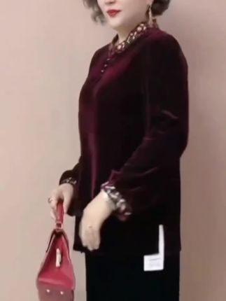 高端阔太太秋冬新款丝绒长袖上衣中老年妈妈装时尚洋气打底小衫