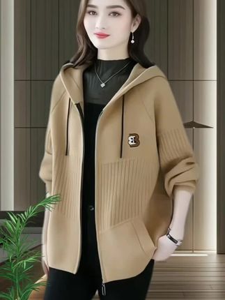 秋冬新款羊毛呢连帽外套女士宽松韩版毛衣针织开衫拉链休闲上衣女#时尚潮流穿搭 #洋气减龄 #春秋新款 #宽松有范#穿出女人味