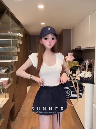 夏季时尚百搭V领显瘦短袖上衣+高腰假两件松紧腰半身短裙裤套装女#短袖 #上衣 #短裙 #百搭 #套装