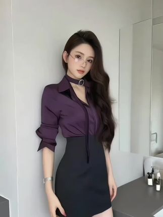 法式御姐风性感缎面衬衫性感包臀裙紫色衬衫两件套#气质穿搭 #洋气上档次 @DOU+好生意