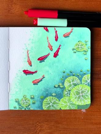 夏日荷塘锦鲤手绘教程#零基础学画画 #画画教程 #治愈系风景 #跟着抖音学画画 #画画