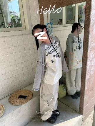 花生酱 布丁美式印花拼接长袖t恤女秋季休闲宽松基础款打底衫#长袖T恤 #印花上衣 #打底衫 #女装