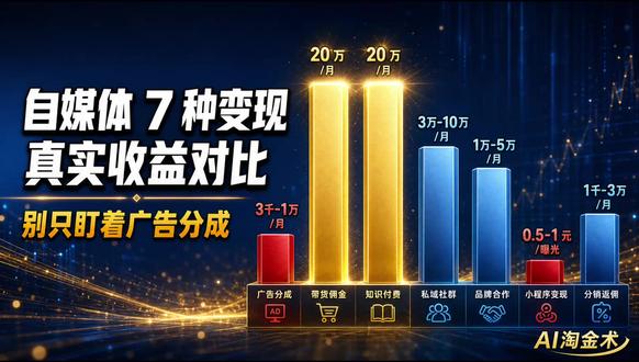 自媒体 7 种变现 真实收益对比:别只盯着广告分成 7 种变现方式 2025-2026 最新真实收益:广告分成 20-60 元/万播放 / 带货佣金冲到 20 万 / 知识付费 199×1000=20 万 / 私域训练营 8000-30000 元/客 / 蒲公英 1000 粉 50-200 元/篇。具体怎么走看账号情况:带货门槛低适合先跑起来,知识付费和品牌合作门槛高但天花板也更高,不同垂类、不同粉丝画像能走通的路径完全不一样。评论区说说你的账号多少粉、做的什么垂类、你打算怎么变现?
#AI淘金术 #自媒体变现 #副业 #短视频变现 #AI工具