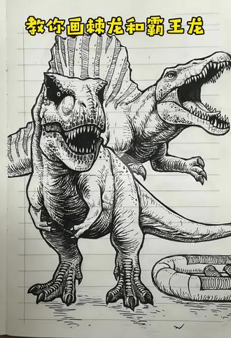 画霸王龙和棘龙#手绘 #画画 #恐龙