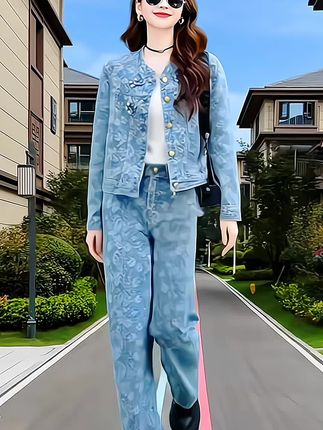 时尚气质洋气减龄重工牛仔提花上衣阔腿裤两件套套装,秋装上新#时尚套装两件套 #小香风两件套推荐 #谁穿谁潇洒