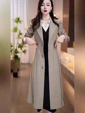 杭州意法风衣女款2025新款春秋季轻奢高级感西装领中长款大衣外套#西装领大衣外套