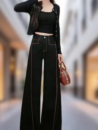黑色加绒加厚高腰阔腿裤牛仔裤女2025秋冬新款直筒显瘦拖地长裤潮#穿搭穿搭 #黑色穿搭 #穿搭搭配 #每日穿搭 #气质穿搭