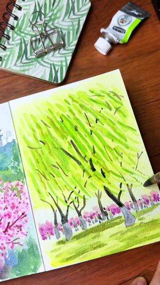 春风入画,零基础也能轻松绘出西湖垂柳~#跟着抖音学画画 #春天的色彩 #水彩 #风景写生 #绘画过程