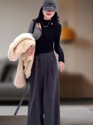 2025冬季加绒大码女装高腰绑带休闲阔腿裤梨形身材显瘦宽松拖地裤#宽松#显瘦#百搭#拖地裤