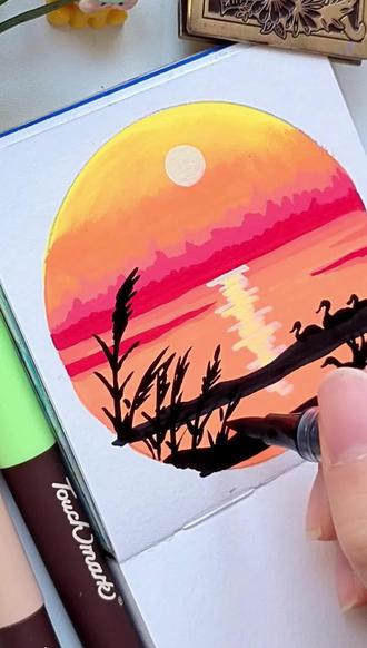 哇!花10分钟画一幅风景小画|丙烯马克笔风景教程|你画你也行 #自学画画打卡 #这画是用了亿点点魔法吧 #跟着抖音学画画 #零基础学画画 #丙烯马克笔