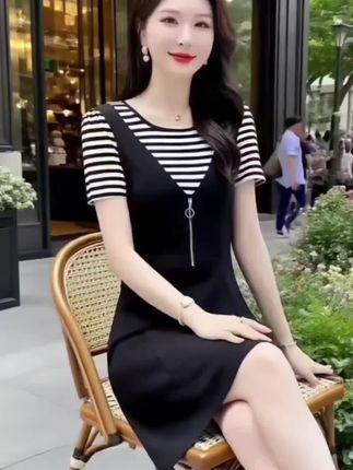 #创作灵感 时尚休闲条纹短袖拼接连衣裙 #洋气减龄 #遮肉显瘦 #小个子穿搭 #谁穿谁好看不分年龄段