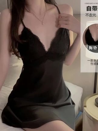 舒适性感纯色丝滑吊带睡裙带胸垫套装新款