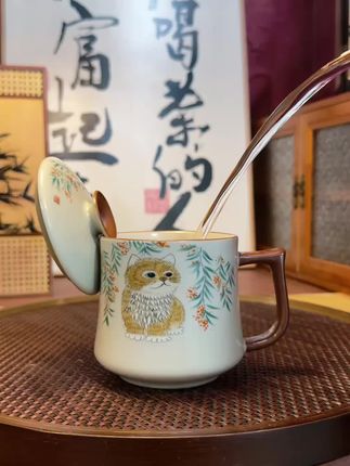 汝窑马克杯猫咪大号茶杯个人专用陶瓷喝茶杯单杯水杯咖啡杯子茶具#汝窑马克杯 #汝窑茶杯 #汝窑泡茶杯 #茶杯 #汝窑水杯