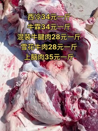 西冷34元一斤，65斤一件
牛霖34元一斤，50斤一箱
前后混装牛腱肉28元一斤，65斤一件
雪花牛肉28元一斤，50斤一件
上脑肉35元一斤，50斤一件#牛肉 #黄牛肉 #牛羊肉批发 #支持全国发货 #牛副产品