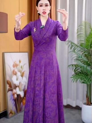 香衣丽华206-277青果领长袖V领花色大摆连衣裙修身显瘦简 #美出高级感#穿搭#显瘦穿搭