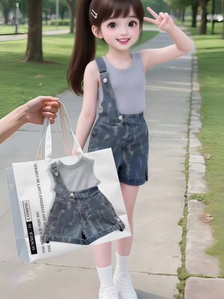 洋气又时髦的夏季新款韩版牛仔背带裤两件套~,牛仔单肩背带短裤+浅灰色无袖背心,甜酷又时尚,配色高级又洋气,满满的夏日清爽感,韩范十足! ,#生女儿就要给她这样穿 #儿童穿搭#高品质童装#童装搭配每日更新 #萌娃穿搭 @抖加🔥上热门🔥dou+🔥热点宝