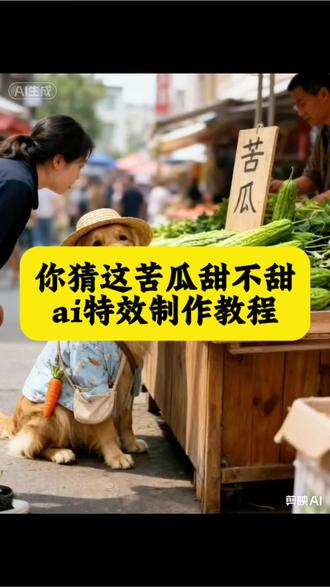 超火的ai苦瓜趣事特效教程来了,给你的萌宠也安排上#剪映#你猜这苦瓜甜不甜#随便ai随便玩#苦瓜甜不甜#ai苦瓜摊趣事 苦瓜甜不甜搞笑视频 狗狗卖苦瓜 这瓜甜不甜 谁家狗子还没个绝活 狗狗卖苦瓜特效 这是苦瓜 ai宠物 小狗翻白眼 ai这瓜甜不