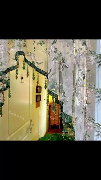 轻奢绿韵流苏边碎免打孔安装隔断门帘纱帘蕾丝布艺卧室厨房隔断T #门帘 #免打孔门帘 #公主门帘