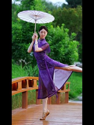 善然堂春夏新款古典舞旗袍舞蹈服装飘逸中国舞弹力紫色练功演出服#好物推荐#古典舞旗袍服#演出服#舞蹈飘逸服#中国舞服